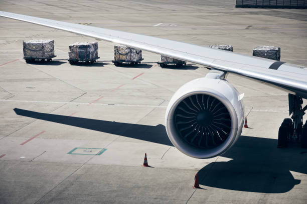 istock Loading of cargo containers to plane at airport 1321741147