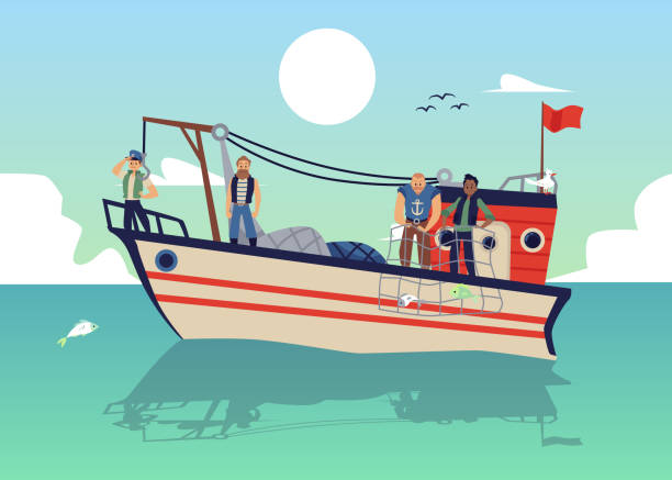 pejzaż morski z rybakami na łodzi rybackiej lub uruchomienie płaskiej ilustracji wektorowej. - fishing nautical vessel small men stock illustrations