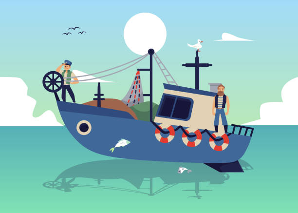 ilustrações, clipart, desenhos animados e ícones de paisagem marítima com pescadores em barco de lançamento pescando com ilustração de vetor plano líquido. - netting backgrounds fishing industry commercial fishing net