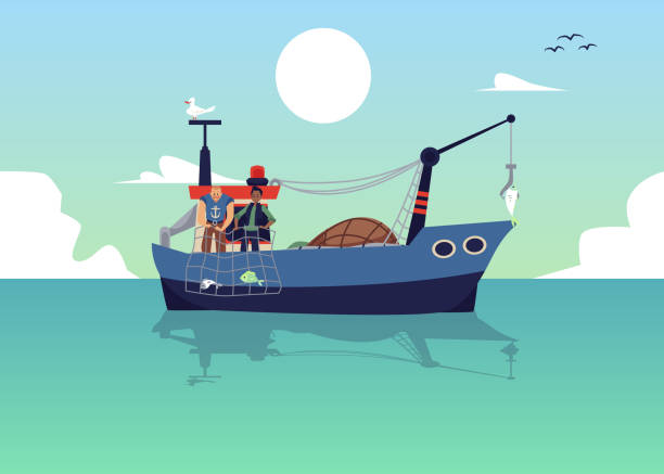 illustrazioni stock, clip art, cartoni animati e icone di tendenza di paesaggio marino con pescatori che pescano a strascico pesci con illustrazione vettoriale piatta e a rete. - fishermen harbor