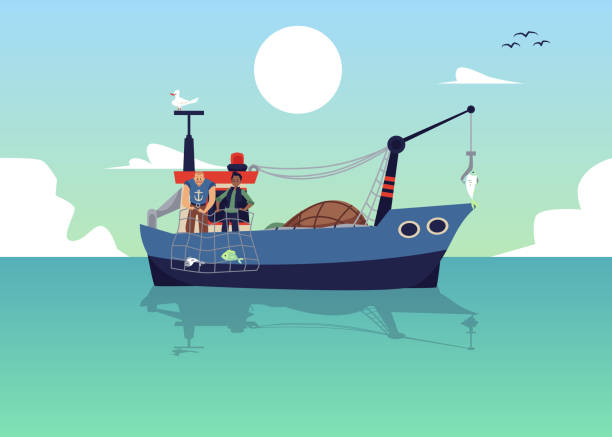 ilustrações de stock, clip art, desenhos animados e ícones de seascape with fishermen trawling fish with net, flat vector illustration. - fishing nautical vessel small men