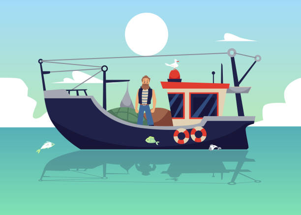 рыбак в море на траулере или лодке с чистым подъемником, плоской векторной иллюстрацией. - fishing nautical vessel small men stock illustrations