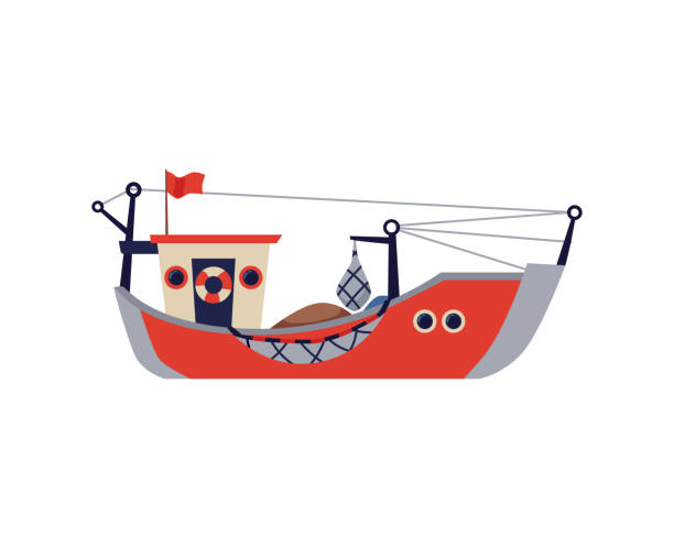 ilustrações, clipart, desenhos animados e ícones de barco de pesca, navio ou barcaça com redes ilustração vetorial plana isolada. - fishing net commercial fishing net netting isolated