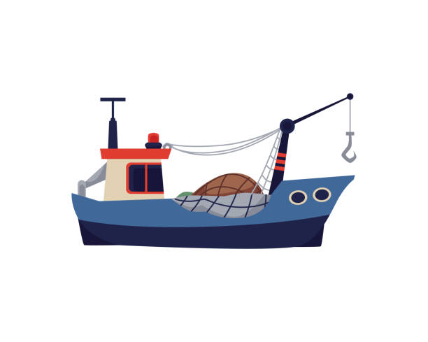 ilustrações, clipart, desenhos animados e ícones de símbolo de desenho animado de barco ou barco, ilustração de vetor plano isolado. - fishing net commercial fishing net netting isolated