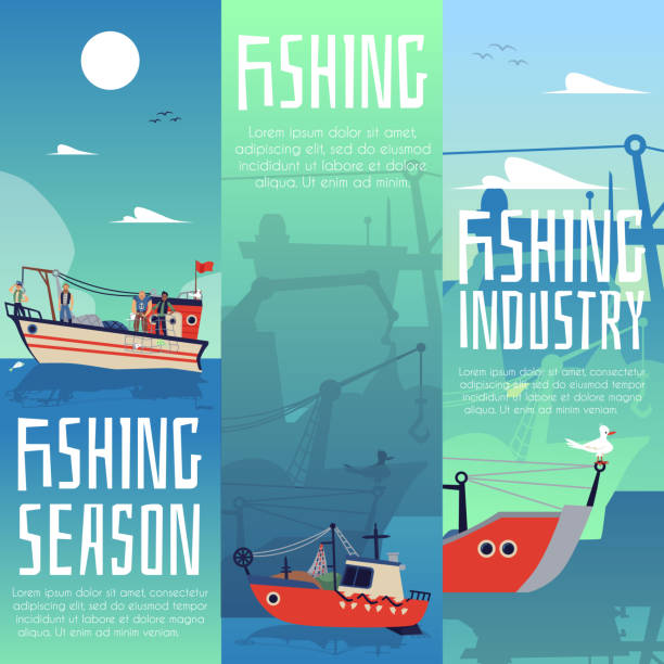 ilustrações, clipart, desenhos animados e ícones de coloque banners ou cartazes verticais para ilustração de vetores planos da indústria pesqueira. - netting backgrounds fishing industry commercial fishing net