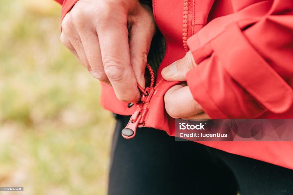 Problems with a zipper Woman fiddling with a zipper which just wont fasten. Zipper Stock Photo