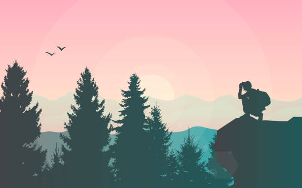 A guy squats on top of a mountain and looks through binoculars. Flat illustration. Travel concept of discovering, exploring and observing nature. Hiking. Adventure tourism. Polygonal realistic design. A guy squats on top of a mountain and looks through binoculars. Flat illustration. Travel concept of discovering, exploring and observing nature. Hiking. Adventure tourism. Polygonal realistic design. binoculars silhouettes stock illustrations
