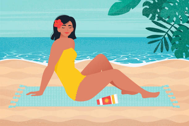 istock Retro poster with beautiful woman, that take the sunbathing on the beach. Vector illustration in flat style 1321750986