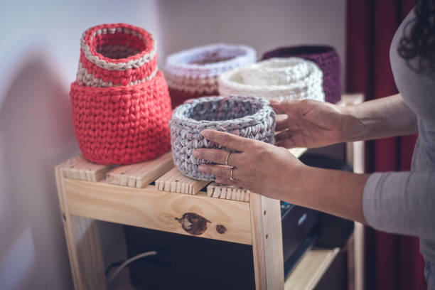 Woman, producing, crochet, art