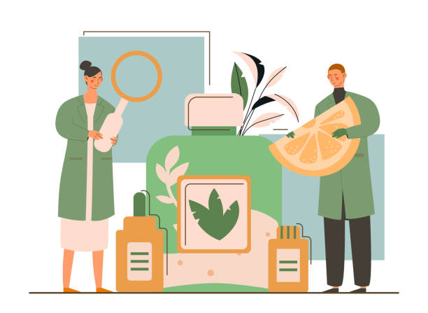 남성과 여성 캐릭터는 함께 대체 허브 약을 생산하고 있습니다 - nutritional supplement merchandise healthcare and medicine healthy lifestyle stock illustrations