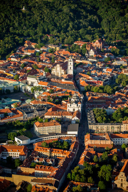 istock Red rooftops of sunny Vilnius Old Town aerial view 1321757581