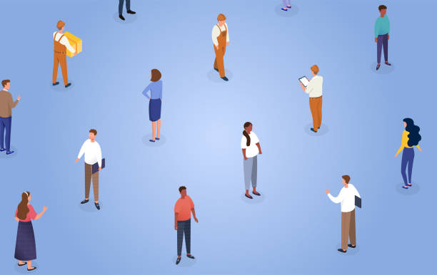 istock Diverse male and female characters following social distance rules 1321758796
