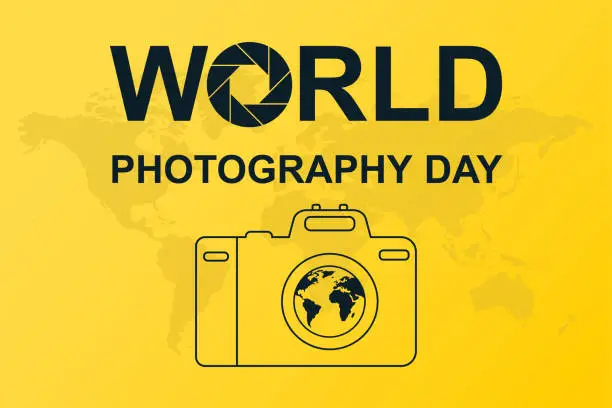 Vector illustration of Poster with camera silhouette and world photography day lettering on yellow background