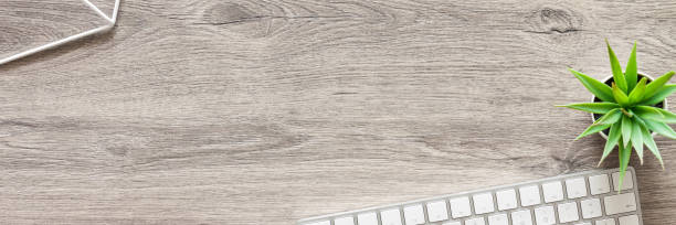 istock Wooden desk. Top view. Copy space. Home office. 1321764354