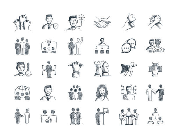 zestaw ikon linii rysowanej ręcznie współpracy i projekt szkicu - employment issues illustrations stock illustrations
