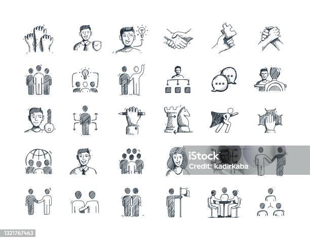 Collaboration Hand Drawn Line Icon Set And Sketch Design Stock Illustration - Download Image Now