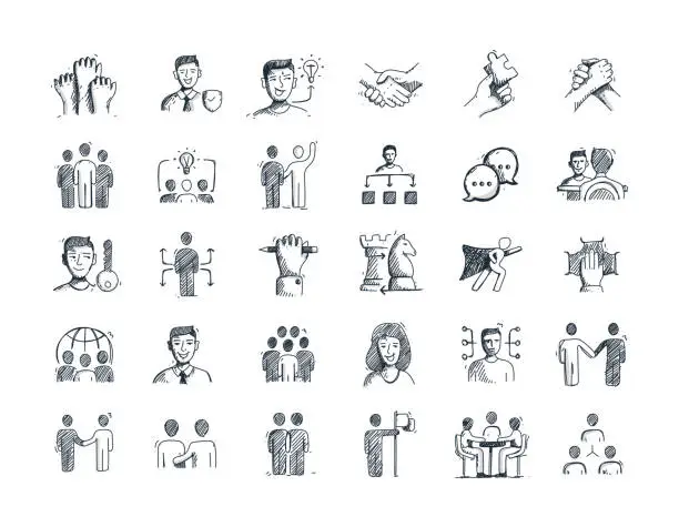 Vector illustration of Collaboration Hand Drawn Line Icon Set and Sketch Design