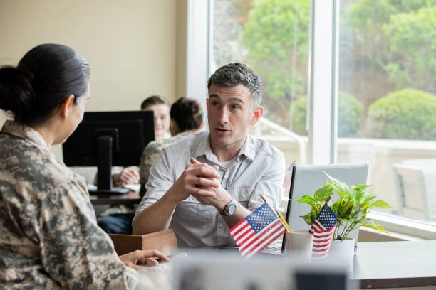 istock Mature financial planner meeting with a military solider. 1321768132