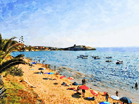 A glimpse of a beach with vacationers during a sunny summer day. Digital watercolor painting.
