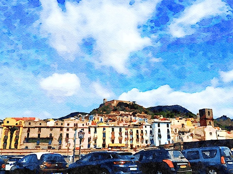 A glimpse of the castle on the hill seen from the parking lot in a small town in Sardinia in Italy. Digital watercolors painting.