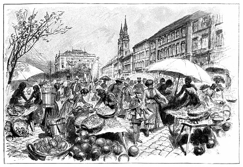 Illustration of a market in Budapest