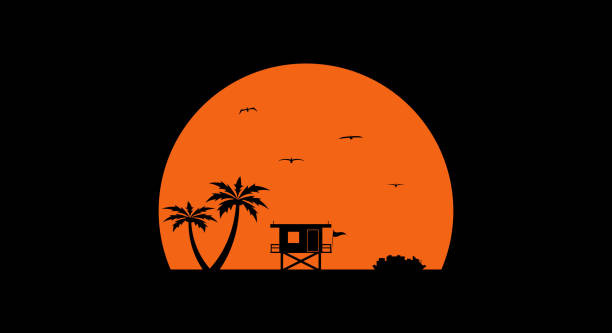 ilustraciones, imágenes clip art, dibujos animados e iconos de stock de playa al atardecer. silueta negra sobre el fondo de la puesta de sol. ilustración vectorial - lifeguard orange nature beach