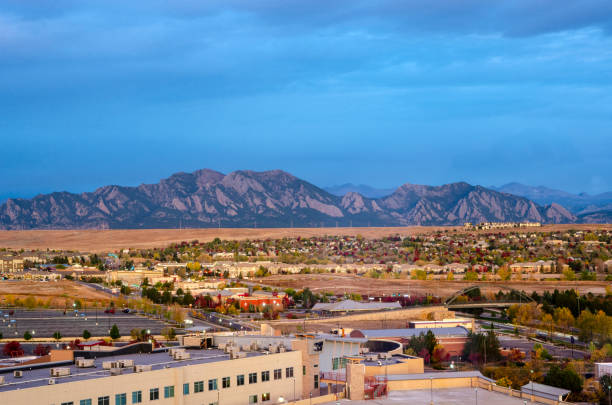 Spectacular Sunrise: Panorama of Broomfield, Colorado and the Flatiron Mountain Range stock photo