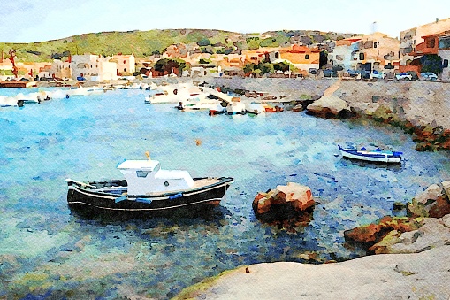 The fishing boats moored in a small bay in a Sardinian village. Digital watercolors painting.