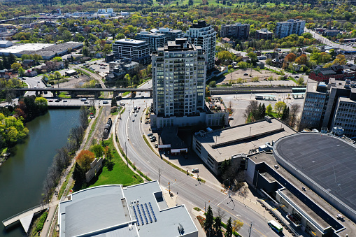 An aerial scene of Guelph, Ontario, Canada downtown