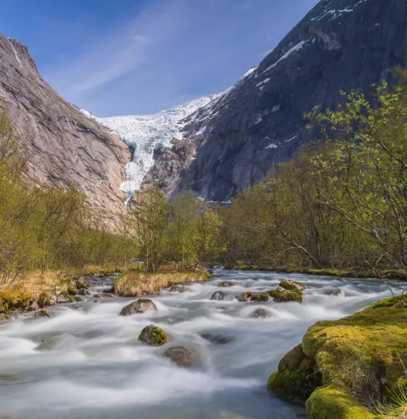 Photo of Briksdalsbreen, (Briksdal Glacier), one of the most accessible arms of the Jostedalsbreen Glacier in the municipality of Stryn in Vestland county, Norway.