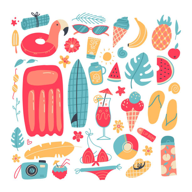 ilustraciones, imágenes clip art, dibujos animados e iconos de stock de gran conjunto de artículos de vacaciones de verano. accesorios para vacaciones en la playa junto al mar. frutas de verano, comida, bebidas, equipo, ropa. colección para vacaciones de verano. ilustración vectorial dibujada a mano de dibujos animados plan - surfing surfboard summer heat