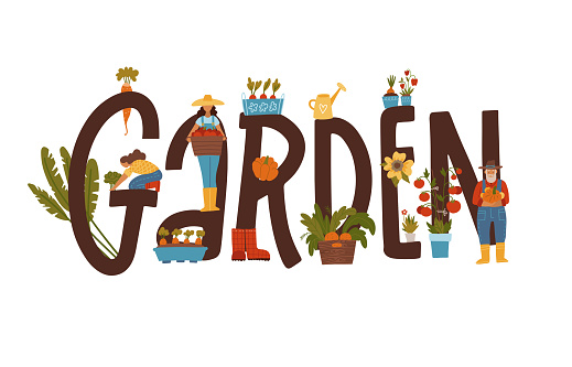 Garden typographical banner with Male and Female Characters Growing Plants in lettering Concept. Gardening People Planting, Harvesting. Seasonal Work Poster. Cartoon Flat Vector Illustration.