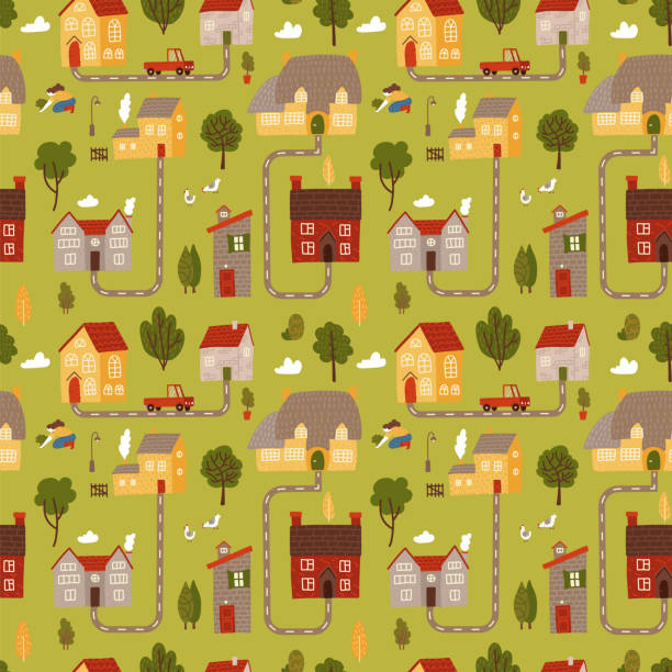 ilustrações de stock, clip art, desenhos animados e ícones de small countryside map seamless pattern. top view of countryside with houses roads and cars. vector flat hand drawn illustration. - road top view
