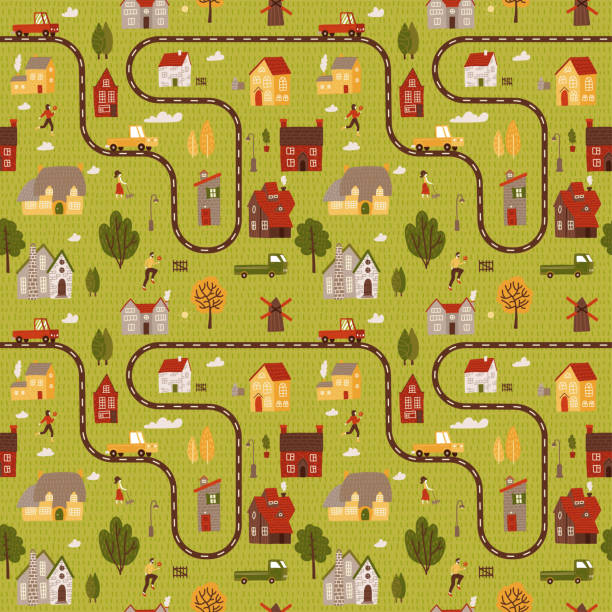 ilustrações de stock, clip art, desenhos animados e ícones de small citymap seamless pattern. top voew of countryside with houses roads and cars vector flat hand drawn illustration. - road top view