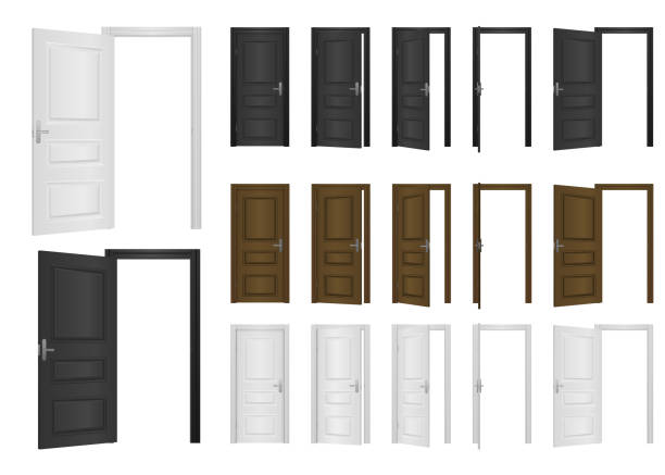 Open, closed front door of the house. Classic room concept. Wooden outdoor entrance with shining light. Open and closed front door of the house isolated on white background. Open and closed entrance realistic door. Vector illustration. opening stock illustrations