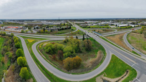 istock Aerial scene at cloverleaf on a sunny day 1321785415