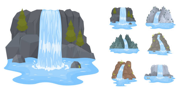 ilustrações de stock, clip art, desenhos animados e ícones de river waterfall falls from cliff clear water. - waterfall cartoon tropical rainforest vector