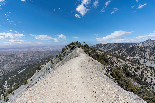 View of the Backbone Trail near Mt Baldy summit in the San Gabriel Mountains above Southern California.