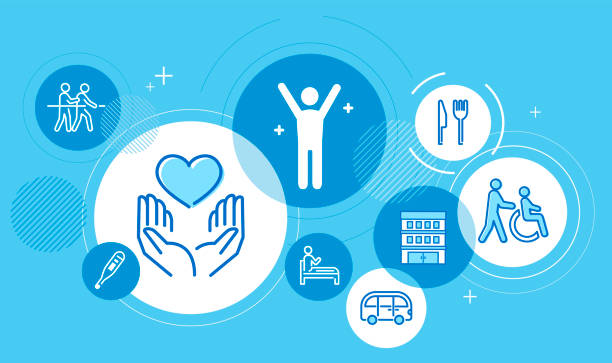 Long-term care image,group of icon,blue background,vector illustration healthcare emergency first response stock illustrations