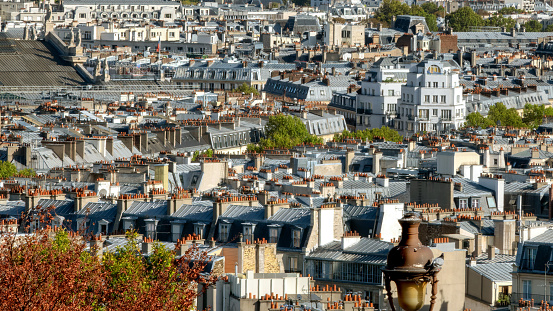 Roofs in the surrounding neighborhoods of the Gare du Nord, in the 10th arrondissement, one of the 20 districts of Paris. The district, called Entrepôt (warehouse), is located on the right bank of the River Seine. The view is from Montmatre.