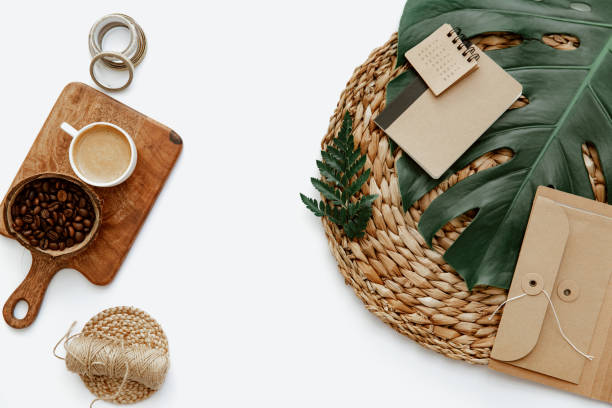 istock Summer Flat lay workspace with cup of coffee and notes. Ideas, notes or plan writing concept. Minimal eco friendly blogger. Zero waste 1321791833