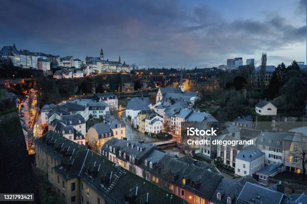 Luxembourg City Skyline At Night Aerial View Of The Grund With St Michaels Church On Background Luxembourg City Luxembourg Stock Photo - Download Image Now