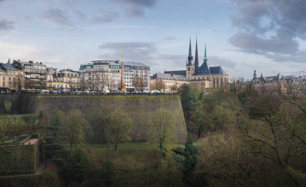 Luxembourg City skyline with Notre Dame Cathedral and Monument of Remembrance - Luxembourg City, Luxembourg Luxembourg City skyline with Notre Dame Cathedral and Monument of Remembrance - Luxembourg City, Luxembourg notre dame cathedral of luxembourg stock pictures, royalty-free photos & images
