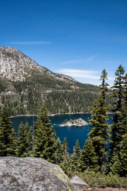 The beautiful blue water of Emerald Bay with a view of Fannette Island on Lake Tahoe. Fannette Island is the only island in Lake Tahoe.