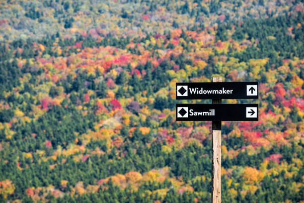 Black diamond ski slopes of Widowmaker and Sawmill with direction information sign in Snowshoe, West Virginia at Allegheny mountain peak Black diamond ski slopes of Widowmaker and Sawmill with direction information sign in Snowshoe, West Virginia at Allegheny mountain peak snowshoeing snow shoe red stock pictures, royalty-free photos & images