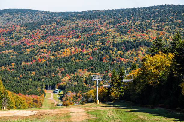 Black diamond ski slope by skiing lift in Snowshoe, West Virginia small resort town at Allegheny mountain peak Black diamond ski slope by skiing lift in Snowshoe, West Virginia small resort town at Allegheny mountain peak snowshoeing snow shoe red stock pictures, royalty-free photos & images