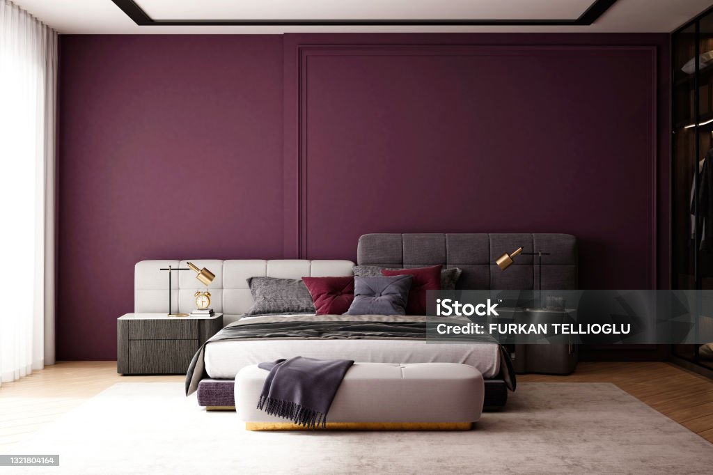 3d render of luxury hotel suite room, bedroom Purple Stock Photo