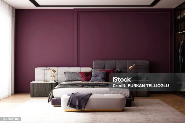 3d Render Of Luxury Hotel Suite Room Bedroom Stock Photo - Download Image Now - Purple, Bedroom, Modern