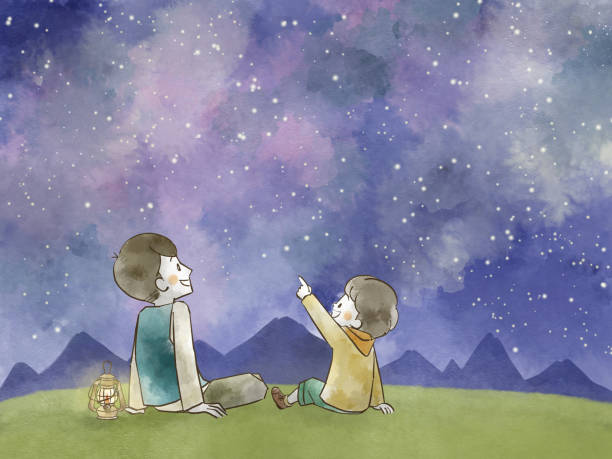 отец и сын смотрят на звездное небо - looking up illustrations stock illustrations