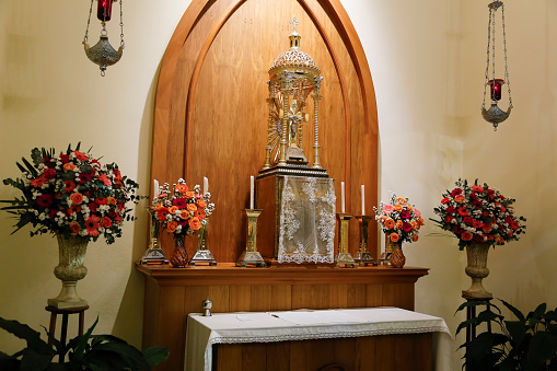 Oliveira, Minas Gerais, Brazil - June 4, 2021: decorated tabernacle in the cathedral church Our Lady of Oliveira